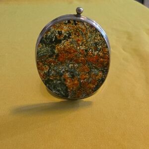 Rare Antique Victorian Moss Agate and Metal Compact Mirror In Metal Frame